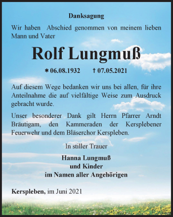 Traueranzeige von Rolf Lungmuß von Thüringer Allgemeine, Thüringische Landeszeitung