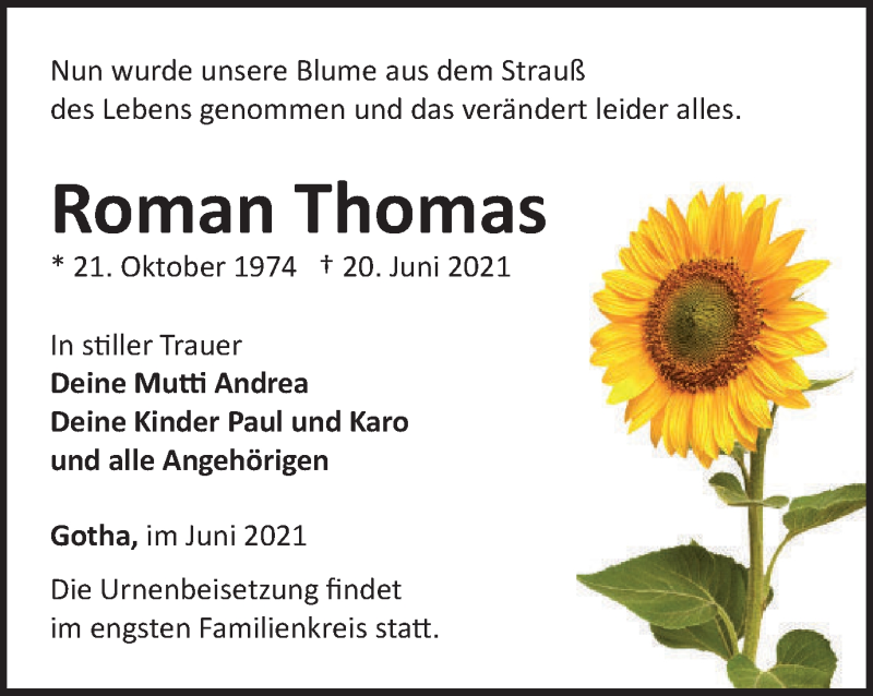  Traueranzeige für Roman Thomas vom 26.06.2021 aus Thüringer Allgemeine, Thüringische Landeszeitung