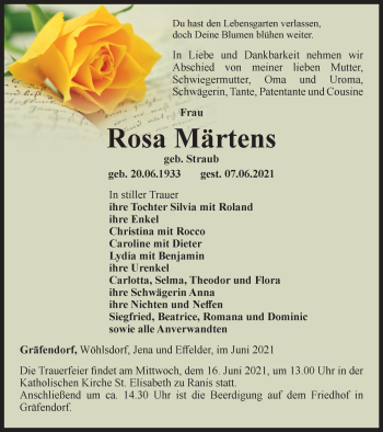 Traueranzeige von Rosa Märtens von Ostthüringer Zeitung