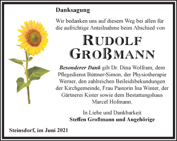 Traueranzeige von Rudolf Großmann von Ostthüringer Zeitung