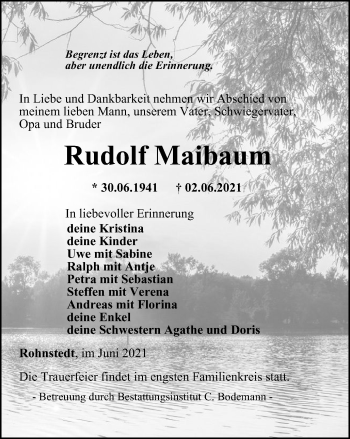 Traueranzeige von Rudolf Maibaum