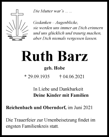 Traueranzeige von Ruth Barz von Ostthüringer Zeitung