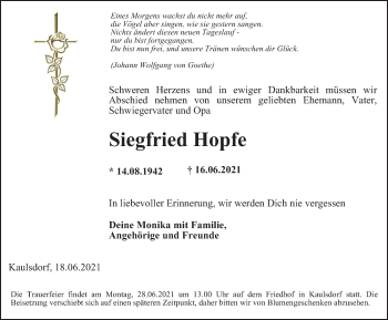 Traueranzeige von Siegfried Hopfe von Ostthüringer Zeitung