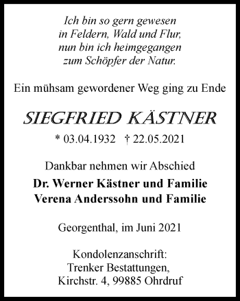 Traueranzeige von Siegfried Kästner von Thüringer Allgemeine, Thüringische Landeszeitung