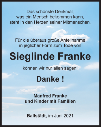 Traueranzeige von Sieglinde Franke von Thüringer Allgemeine, Thüringische Landeszeitung