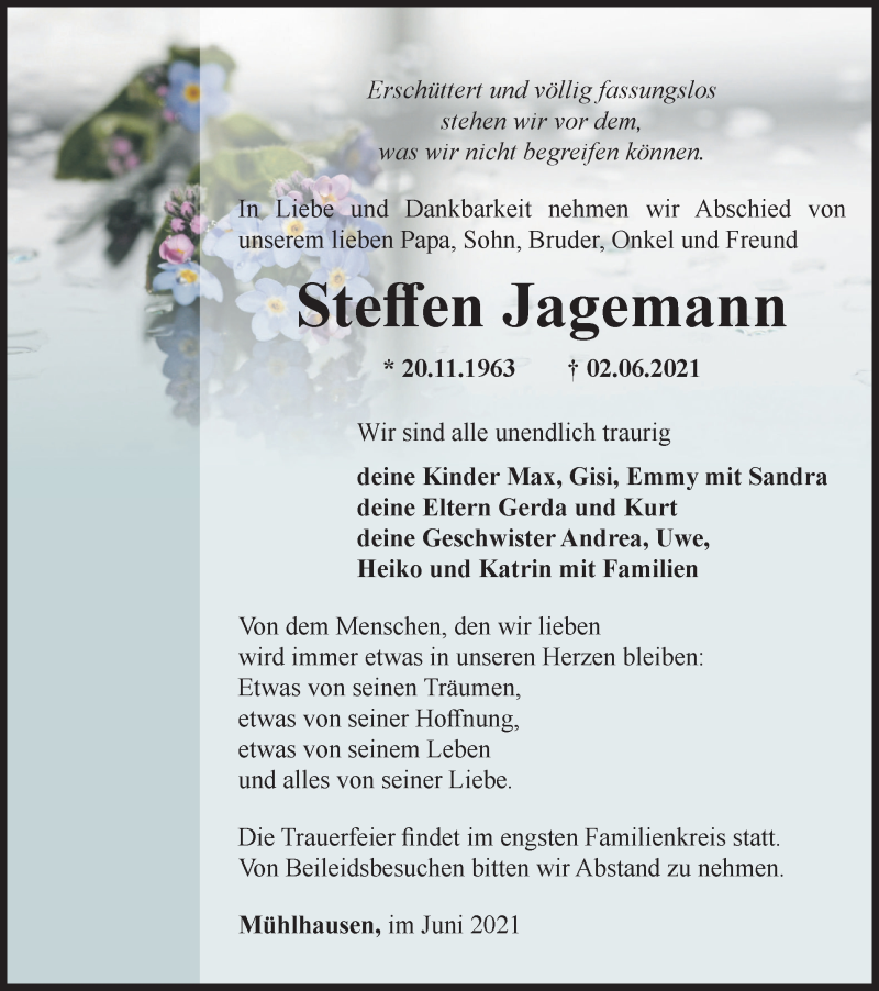 Traueranzeige für Steffen Jagemann vom 12.06.2021 aus Thüringer Allgemeine, Thüringische Landeszeitung