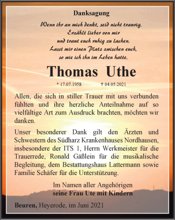 Traueranzeige von Thomas Uthe von Thüringer Allgemeine