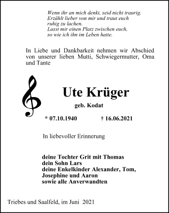 Traueranzeige von Ute Krüger von Ostthüringer Zeitung
