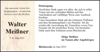 Traueranzeige von Walter Meißner von Thüringer Allgemeine