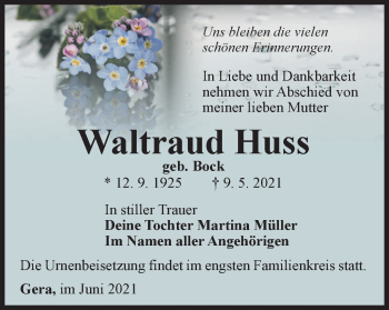 Traueranzeige von Waltraud Huss von Ostthüringer Zeitung