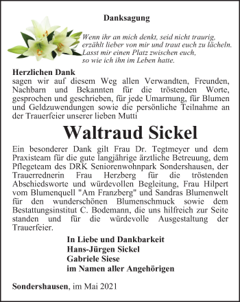 Traueranzeige von Waltraud Sickel