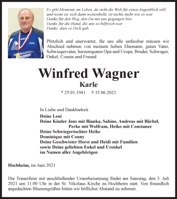 Traueranzeige von Winfred Wagner von Thüringer Allgemeine, Thüringische Landeszeitung