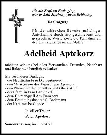 Traueranzeige von Adelheid Aptekorz