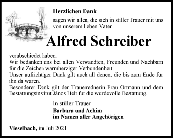 Traueranzeige von Alfred Schreiber von Thüringer Allgemeine, Thüringische Landeszeitung