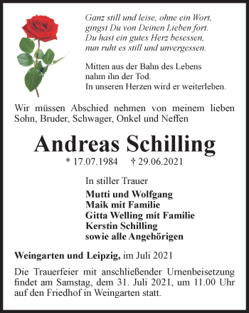 Traueranzeige von Andreas Schilling von Thüringer Allgemeine, Thüringische Landeszeitung