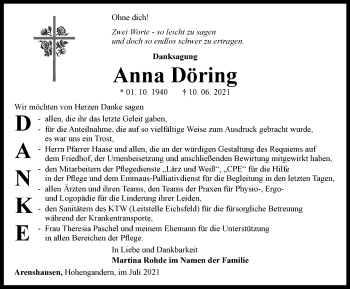 Traueranzeige von Anna Döring von Thüringer Allgemeine