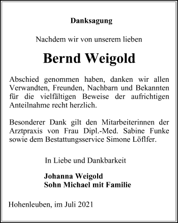 Traueranzeige von Bernd Weigold von Ostthüringer Zeitung