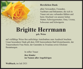 Traueranzeige von Brigitte Herrmann von Ostthüringer Zeitung