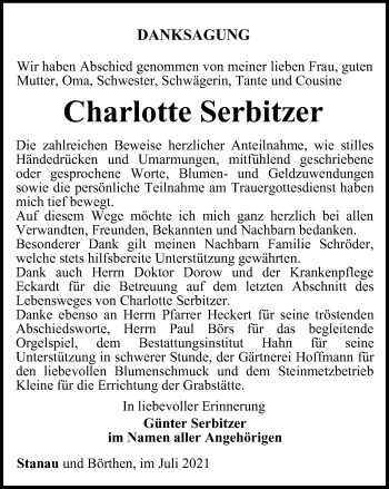 Traueranzeige von Charlotte Serbitzer