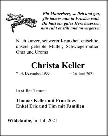 Traueranzeige von Christa Keller von Ostthüringer Zeitung