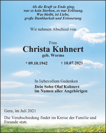 Traueranzeige von Christa Kuhnert von Ostthüringer Zeitung