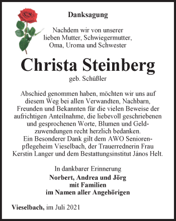 Traueranzeige von Christa Steinberg von Thüringer Allgemeine, Thüringische Landeszeitung