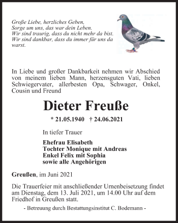 Traueranzeige von Dieter Freuße