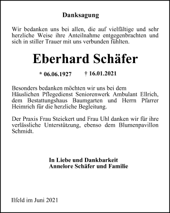 Traueranzeige von Eberhard Schäfer von Thüringer Allgemeine