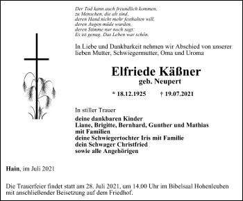 Traueranzeige von Elfriede Käßner von Ostthüringer Zeitung