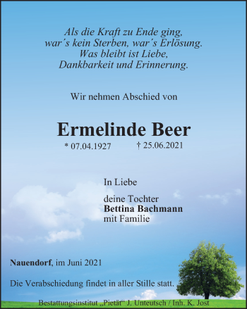 Traueranzeige von Ermelinde Beer von Ostthüringer Zeitung