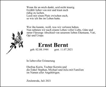 Traueranzeige von Ernst Bernt von Ostthüringer Zeitung