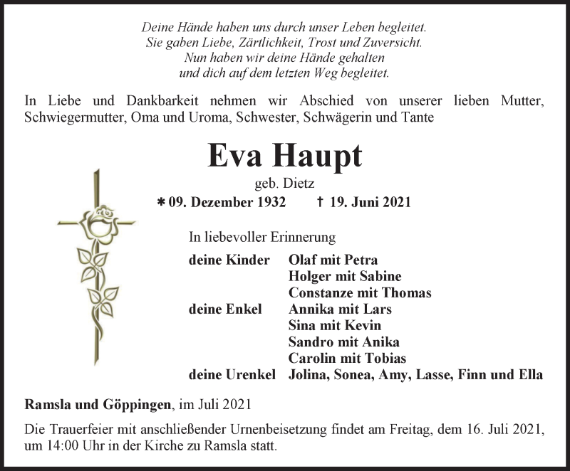  Traueranzeige für Eva Haupt vom 10.07.2021 aus Thüringer Allgemeine, Thüringische Landeszeitung