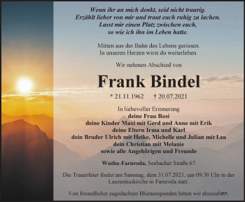 Traueranzeige von Frank Bindel von Thüringer Allgemeine, Thüringische Landeszeitung