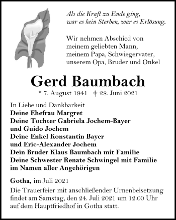Traueranzeige von Gerd Baumbach