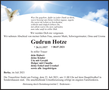 Traueranzeige von Gudrun Hotze