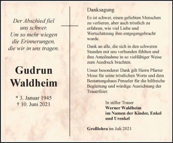 Traueranzeige von Gudrun Waldheim von Thüringer Allgemeine