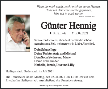 Traueranzeige von Günter Hennig von Thüringer Allgemeine