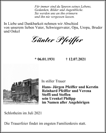 Traueranzeige von Günter Pfeiffer von Thüringer Allgemeine, Thüringische Landeszeitung