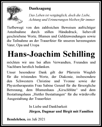 Traueranzeige von Hans-Joachim Schilling von Thüringer Allgemeine