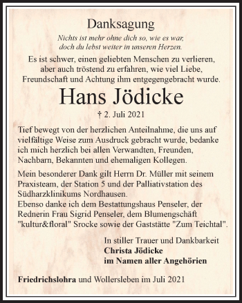 Traueranzeige von Hans Jödicke von Thüringer Allgemeine