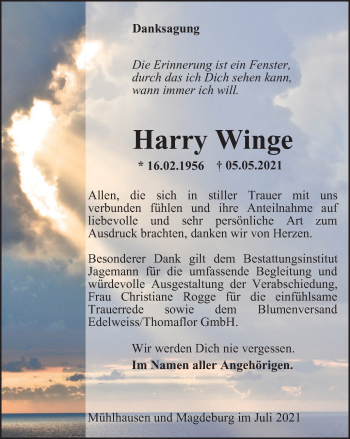 Traueranzeige von Harry Winge von Thüringer Allgemeine, Thüringische Landeszeitung