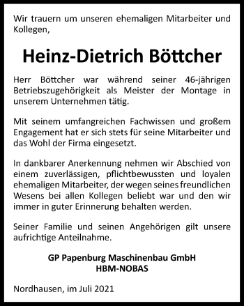 Traueranzeige von Heinz-Dietrich Böttcher von Thüringer Allgemeine
