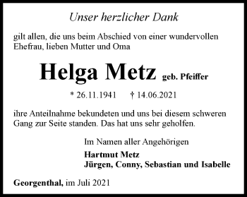 Traueranzeige von Helga Metz von Thüringer Allgemeine