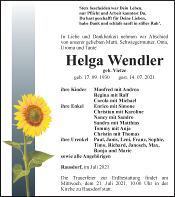 Traueranzeige von Helga Wendler von Ostthüringer Zeitung