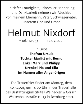 Traueranzeige von Helmut Nixdorf von Thüringer Allgemeine