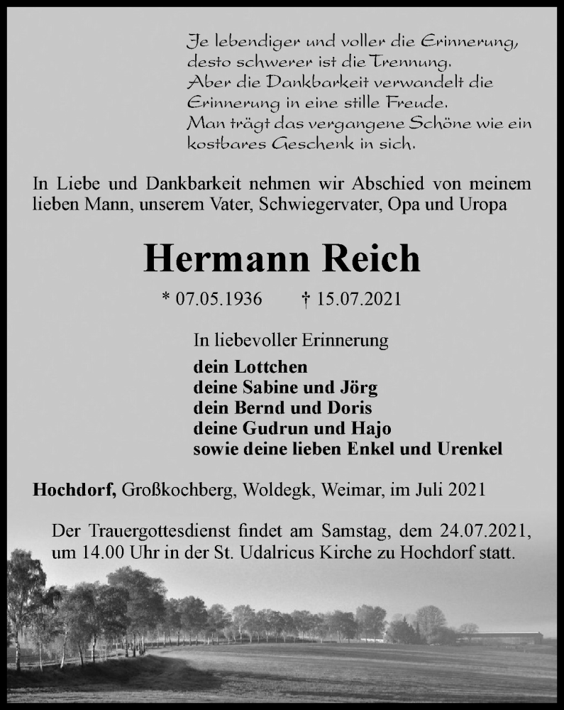  Traueranzeige für Hermann Reich vom 21.07.2021 aus Thüringer Allgemeine, Thüringische Landeszeitung