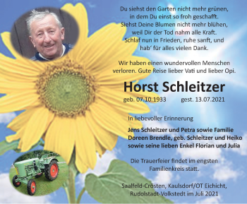 Traueranzeige von Horst Schleitzer von Ostthüringer Zeitung