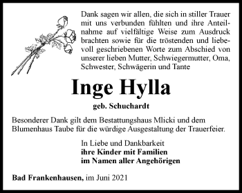Traueranzeige von Inge Hylla von Thüringer Allgemeine