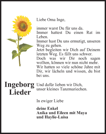 Traueranzeige von Ingeborg Lieder