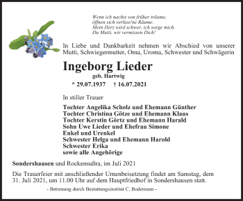 Traueranzeige von Ingeborg Lieder